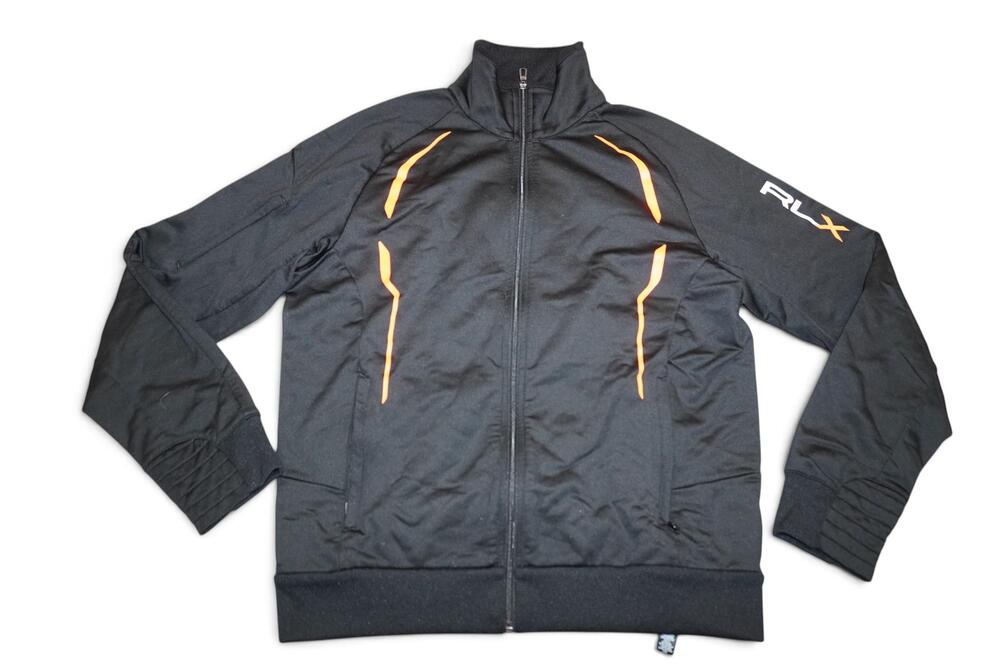 RLX Ralph Lauren Jacket Mens Small Black Track Full Zip Softshell Orange Trim